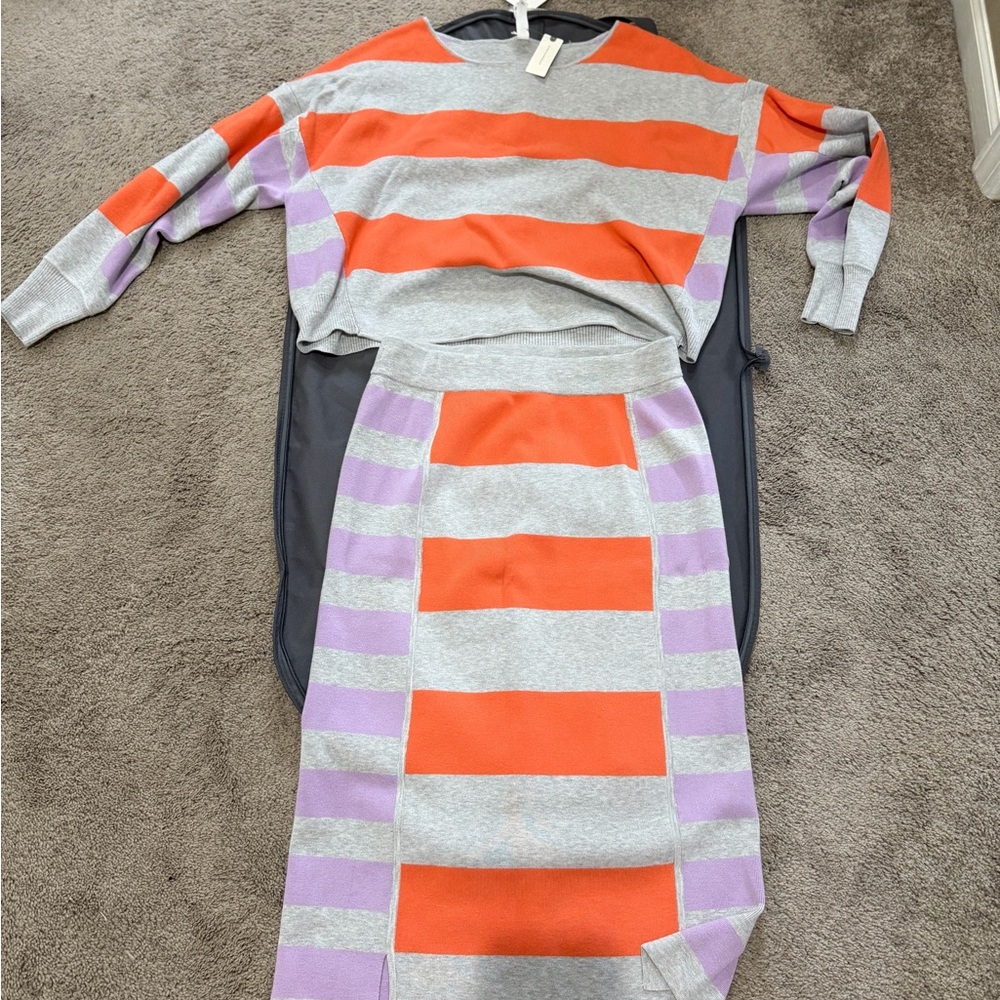 Anthropologie Gray, Orange, and Purple Striped sweater and skirt